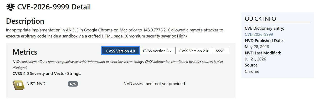 NVD's CVE-2026-9999 detail page with the CVSS Version 4.0 tab selected, showing N/A for the NIST: NVD assessment