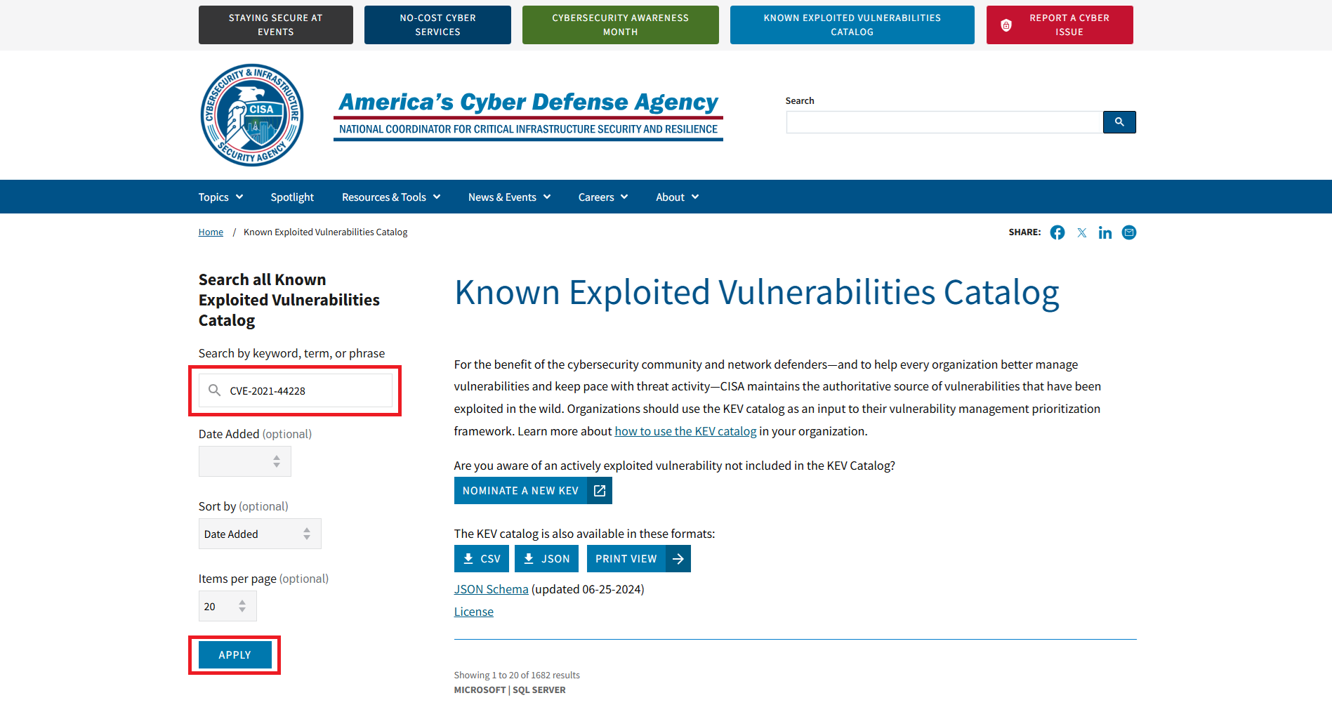Searching the KEV Catalog for CVE-2021-44228