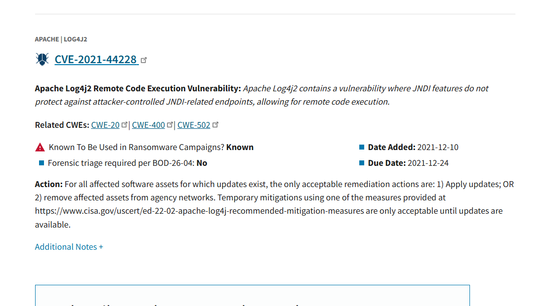 The KEV Catalog entry for CVE-2021-44228