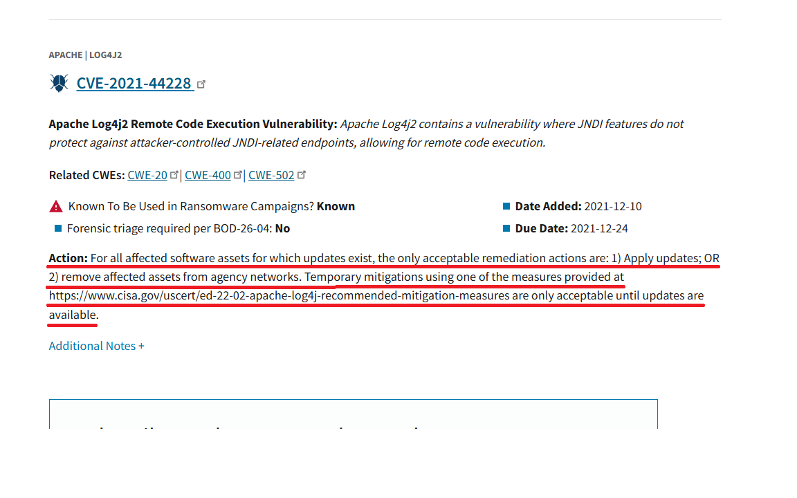 CISA's Action field for CVE-2021-44228