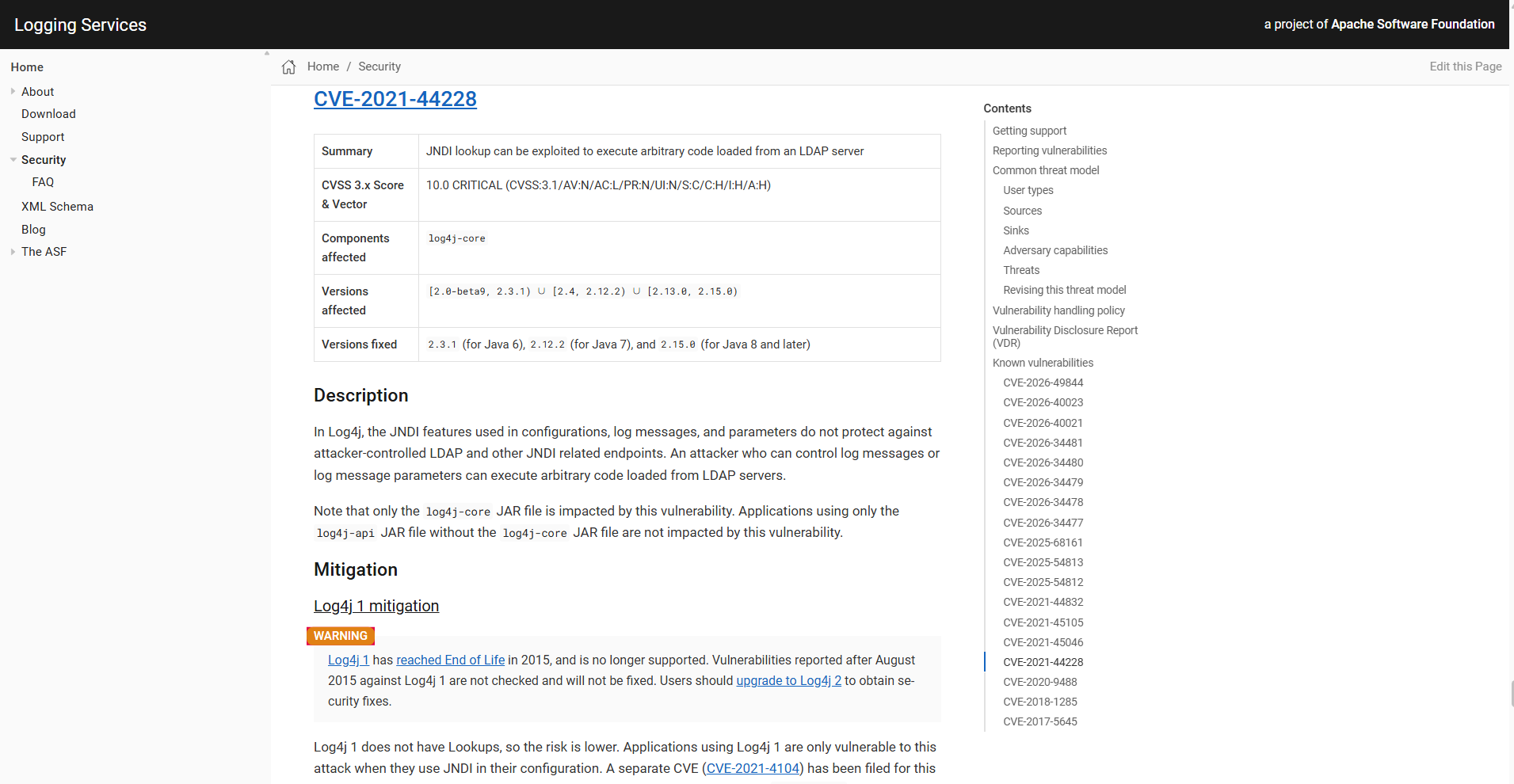 Affected versions and fixes for CVE-2021-44228 on the official Apache site